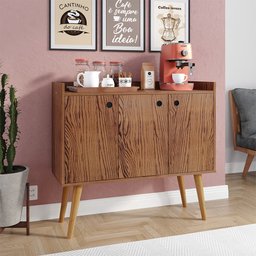 Aparador Buffet Wood 3 Portas Cantinho Café Prateleira Organizadora Pés Palito Retrô - Freijó - Rpm - 3