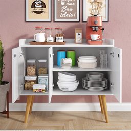 Aparador Buffet Wood Prime 3 Portas Cantinho Café Prateleira Organizadora Pés Palito Retrô - Branco - 2