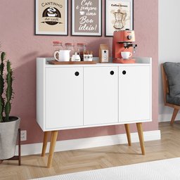 Aparador Buffet Wood Prime 3 Portas Cantinho Café Prateleira Organizadora Pés Palito Retrô - Branco - 3