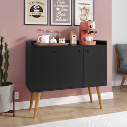 Aparador Buffet Wood Prime 3 Portas Cantinho Café Prateleira Organizadora Pés Palito Retrô - Preto - 3