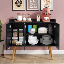 Aparador Buffet Wood Prime 3 Portas Cantinho Café Prateleira Organizadora Pés Palito Retrô - Preto - 2