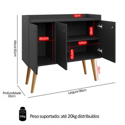 Aparador Buffet Wood Prime 3 Portas Cantinho Café Prateleira Organizadora Pés Palito Retrô - Preto - 6