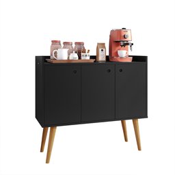 Aparador Buffet Wood Prime 3 Portas Cantinho Café Prateleira Organizadora Pés Palito Retrô - Preto - 1
