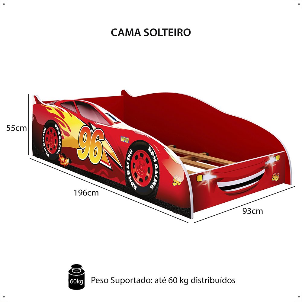 Cama Solteiro Infantil Carro 96 Mdf Montessoriana Decoração Tema Quarto Kids Menino Vermelho- Rpm - 6