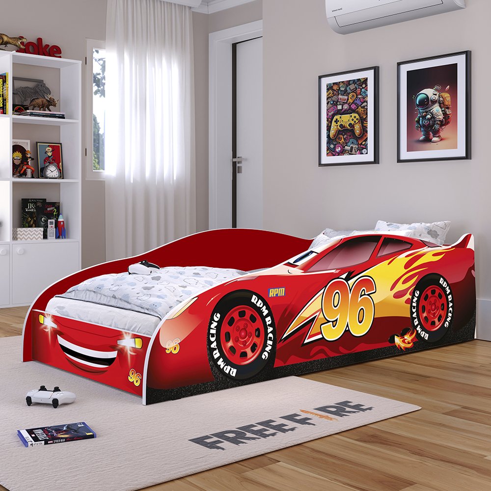 Cama Solteiro Infantil Carro 96 Mdf Montessoriana Decoração Tema Quarto Kids Menino Vermelho- Rpm - 2