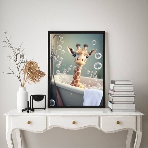 Quadro Decorativo para Banheiro- Girafinha 45x34cm - com Vidro:madeira Preta