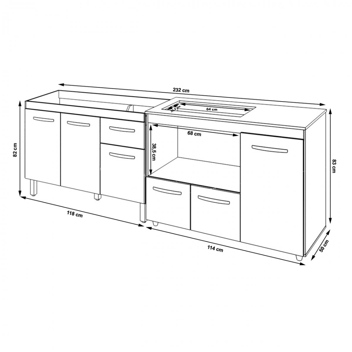 Gabinete Cozinha Armário Balcão de Pia 120 Cm Aline e Balcão para Fogão Cooktop 5 Bocas e Forno Alan - 6