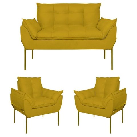 Kit 2 Poltronas + Namoradeira Pé Metal Dourado Recepção Sala Amarelo