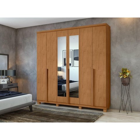 Guarda-roupa Casal 100%mdf Alonzo 6 Portas 4gav com Espelho e Pés Amêndoa