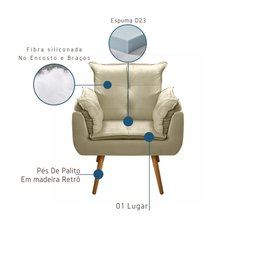 Poltrona Opala para Sala Quarto Recepção Cadeira Escritório Madeira Pés Palitos Retrô Bege - 3
