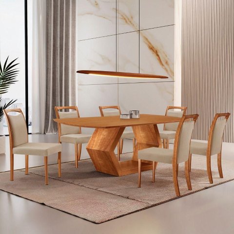 Mesa Ane 180 Tampo Laminado Barril com 6 Cadeiras Munique Linho Premium Imbuia Natural