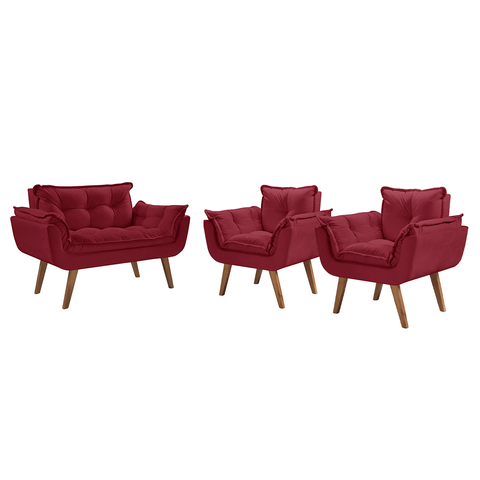 Conjunto Poltronas Decorativas Opalla 1 Namoradeira e 2 Poltronas de 1 Lugar Pés em Madeira D Salla 