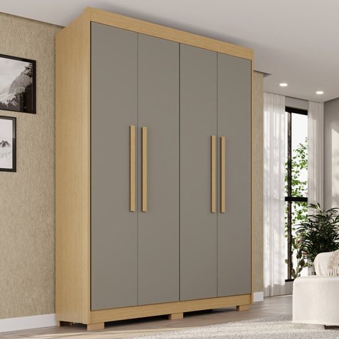 Guarda-Roupa com Pés 4 Portas 3 Gavetas 100% MDF Veneza Cinza/Jequitibá/Granizo