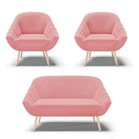 Kit 01 Namoradeira 02 Lugares e 02 Poltronas Giovana Suede Pés Palito Natural - D’Rossi - Rose