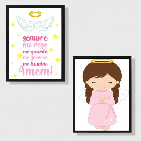 Kit 2 Quadros Infantis Anjo Da Guarda Rosa 33x24cm - com vidro:Madeira preta