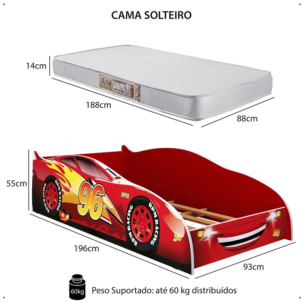 Mini Cama Infantil Carro 96 Mdf Montessoriana Segura Decoração Tema Quarto Menino - Vermelho - Rpm - 6