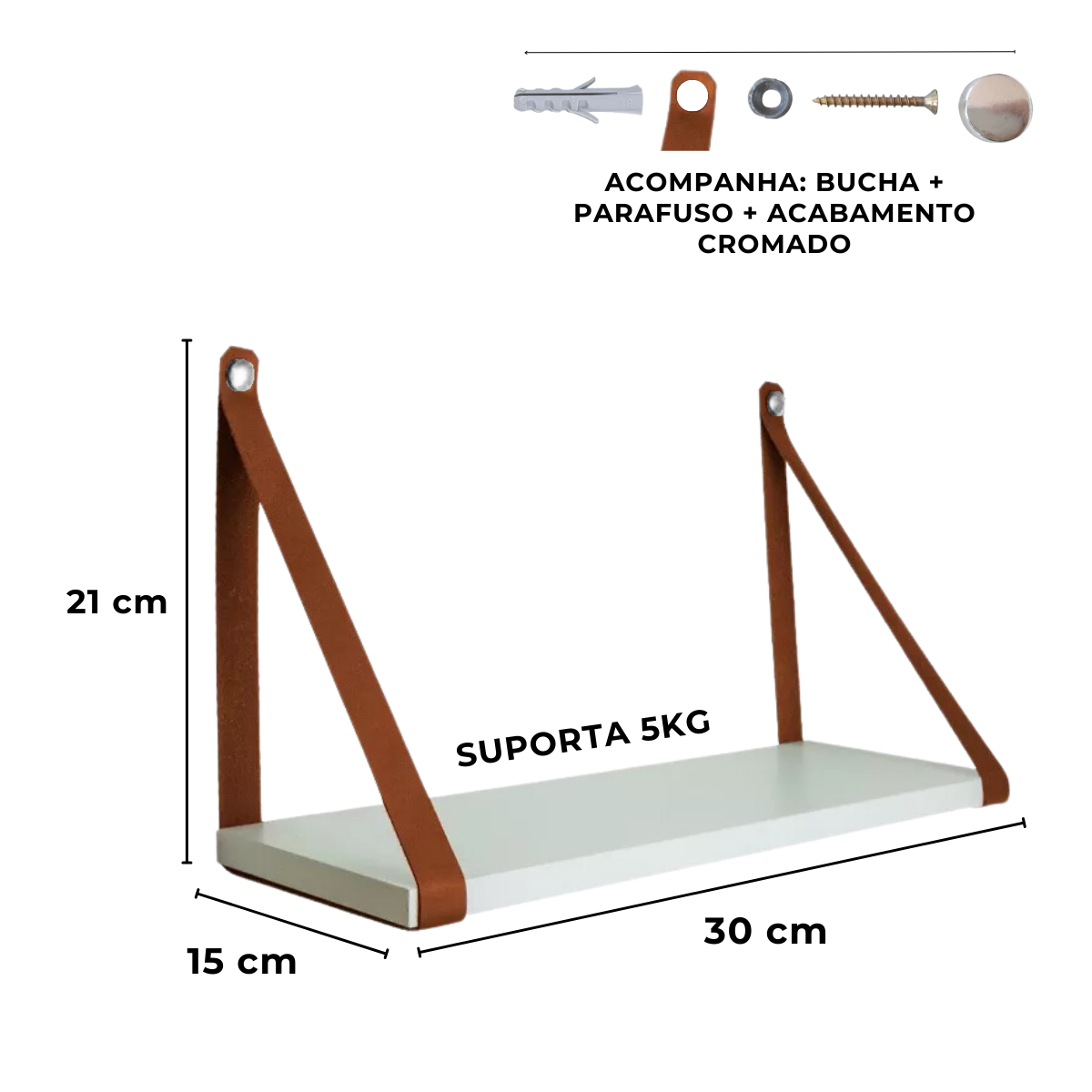 Kit 2 Prateleiras 15x30cm Branca com Alça de Couro Ecológico - 4