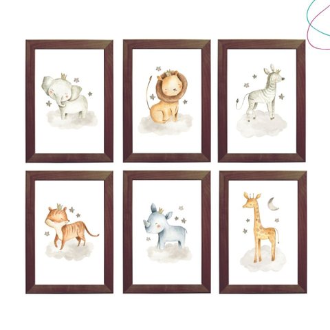 Kit 6 Quadros Decoração Quarto Infantil Safari Baby Aquarela:tabaco
