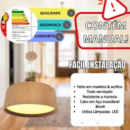 Lustre Pendente Madeira Redondo 25 Cm para Sala de Estar Sala de Jantar Cor Freijo - 5