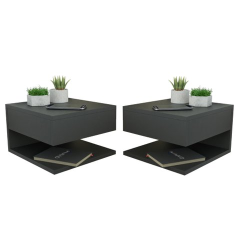 Kit 2 Mesa de Cabeceira Preto Com Gaveta e Prateleira