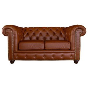 Sofá 2 Lugares Sala de Estar Chesterfield com Pés Madeira Couro Conhaque Brilho - Gran Belo