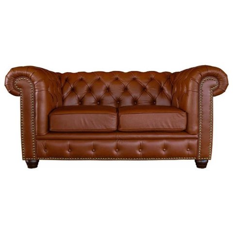 Sofá 2 Lugares Sala de Estar Chesterfield com Pés Madeira Couro Conhaque Brilho - Gran Belo