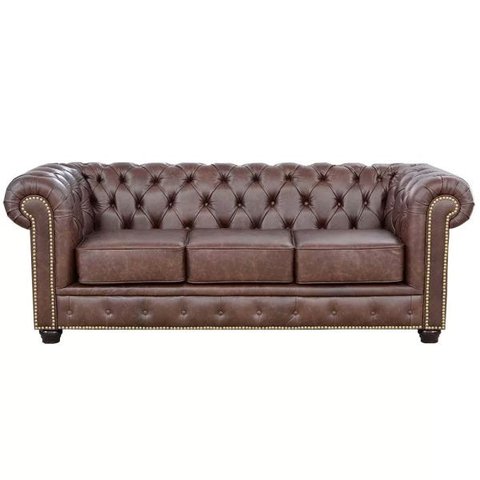 Sofá 3 Lugares Sala de Estar 2,35M Chesterfield Pés Madeira Couro Tabaco - Gran Belo