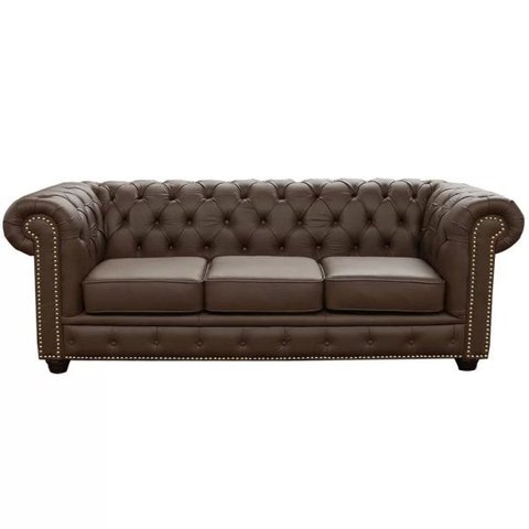 Sofá 3 Lugares Sala de Estar 2,35M Chesterfield Pés Madeira Couro Capucino - Gran Belo
