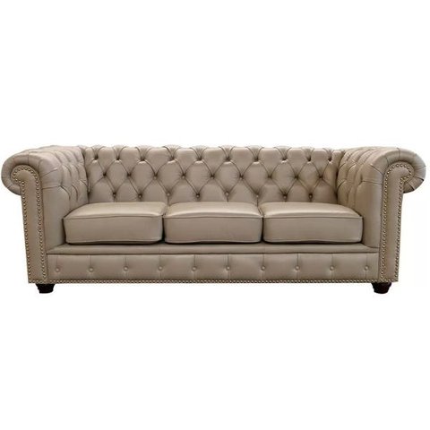 Sofá 3 Lugares Sala de Estar 2,35M Chesterfield Pés Madeira Couro Avelã - Gran Belo