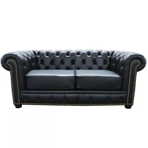 Sofá 2 Lugares Sala de Estar Chesterfield com Pés Madeira Couro Preto - Gran Belo