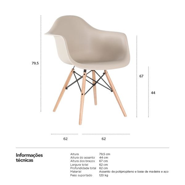 Cadeira Charles Eames Eiffel com Braços - Daw - Nude - Bege - Madeira Clara - 8
