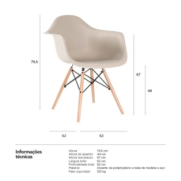 Kit 2 Cadeiras Charles Eames Eiffel com Braços - Daw - Nude - Bege - Madeira Clara - 8