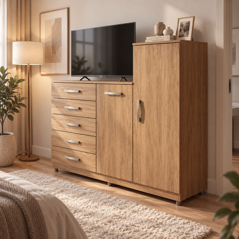 Cômoda Chicago c/ Cabideiro 2 Portas 5 Gavetas com Pés Mel/Marrom-Claro - Fellicci Móveis