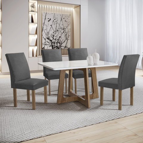 Conjunto Mesa Arizona 120cm com 4 Cadeiras Canela Tampo Smart Plus com Vidro