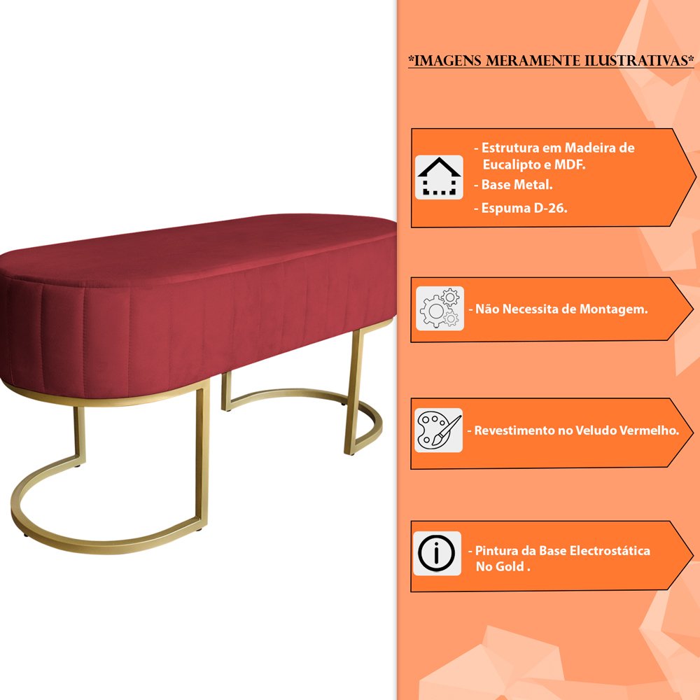 Banco Recamier Estofado Luana Base Gold Veludo Vermelho - Montanaris Decor - 6