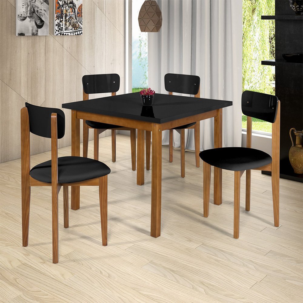 Conjunto Mesa de Jantar Base Madeira Maciça com 4 Cadeiras Elisa Ideal para Apartamenteo 90x90 Preto - 1