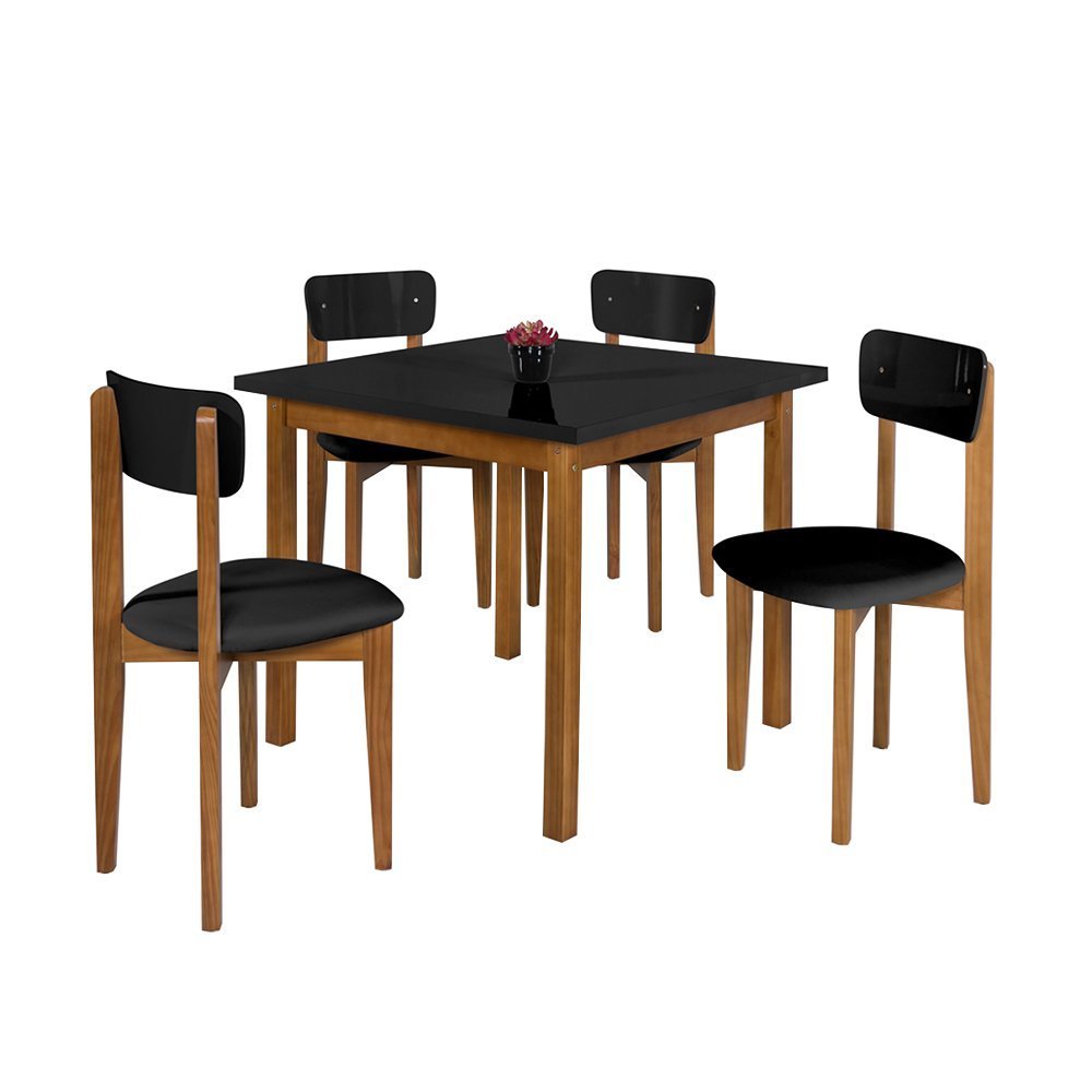 Conjunto Mesa de Jantar Base Madeira Maciça com 4 Cadeiras Elisa Ideal para Apartamenteo 90x90 Preto - 2