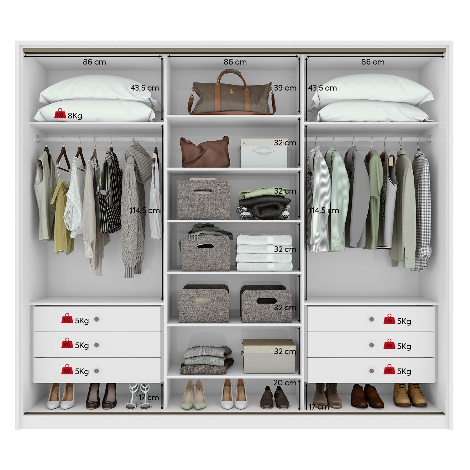 Guarda Roupa Casal 3 Portas de Correr 6 Gavetas 270,5cm Spazio 100% MDF Branco - 5