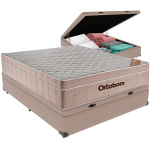 Cama Box Baú Airtech Viuvo + Colchão de Molas Ensacadas - Ortobom - Spring - 128x188x67cm (bege)
