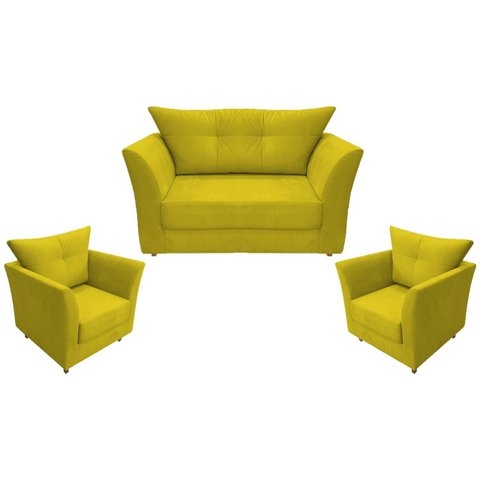 Kit Namoradeira + 2 Poltronas Decorativa Isis Couro Amarelo Pés Madeira Mz Decor