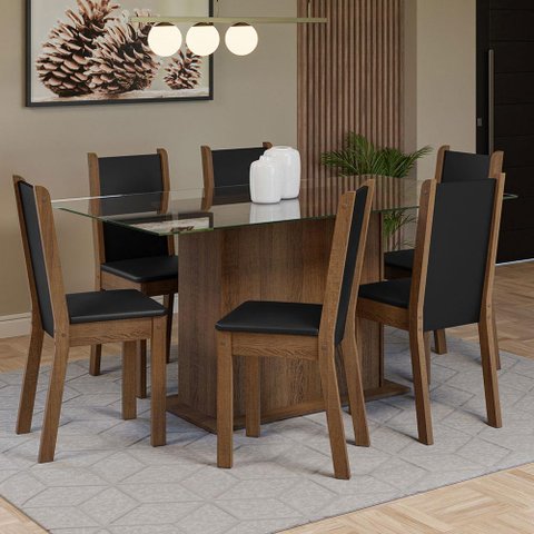 Conjunto Sala de Jantar Mesa Tampo de Vidro 6 Cadeiras Rustic/preto Yolanda Madesa
