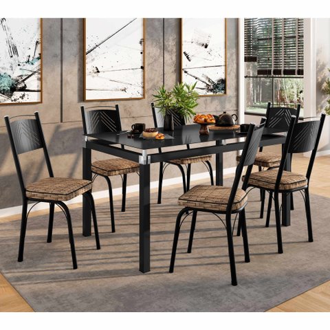 Conjunto Mesa de Jantar Tubular com 6 Cadeiras Malva Tampo Vidro 140cm 151 Sf Preto/rattan - Movelpo