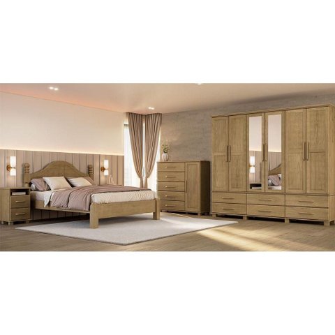Guarda Roupa 6 Portas de Bater Cama Queen Cômoda Sapateira 2 Mesas Pinus Finestra