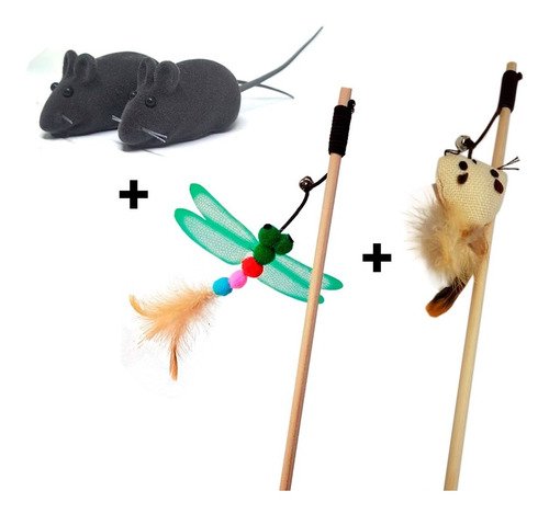 Brinquedos Para Gato Varinha Inseto Ratinho E 2 Ratinhos - 1