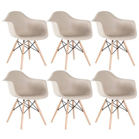 Kit 6 Cadeiras Charles Eames Eiffel com Braços - Daw - Nude - Bege - Madeira Clara