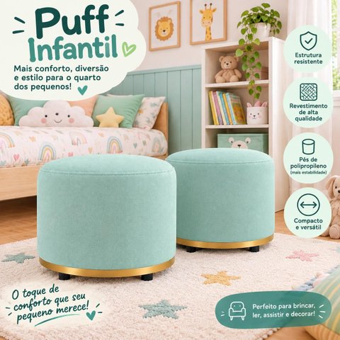 Kit 2 Puff Infantil Premium Banquinho Redondo Estofado para Quarto, Sala Pés Anti-Umidade Verde Agua