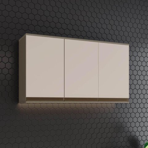 Armário Aéreo de Cozinha Lora 120cm 3 Portas MDF Porta de Bater Duna-Cristal