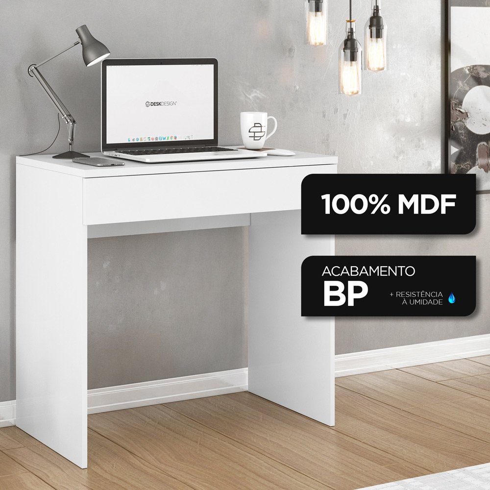 Mesa Escrivaninha Estudo Loft Minimalista BP 100% MDF 80cm com 01 Gaveta Branco - Desk Design - 5