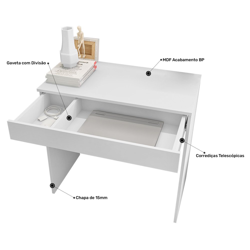 Mesa Escrivaninha Estudo Loft Minimalista BP 100% MDF 80cm com 01 Gaveta Branco - Desk Design - 3