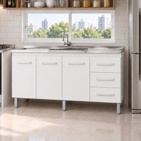 Balcão Gabinete Cozinha sem Pia Inox 3 Porta 3 Gavetas 150cm Cor:Branco